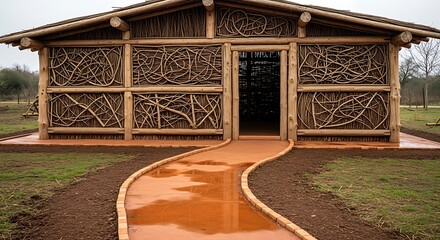 Rustic Wooden Building with Natural Branch Facade and Winding Path.