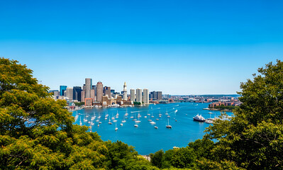 Boston Harbor Cityscape Skyline View Bay Scenery Urban Panorama Nautical Sailboat Water Transportation Scenery Travel