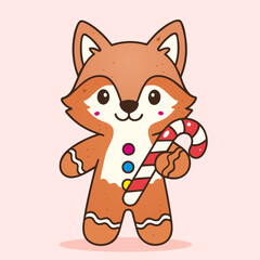 S&uuml;&szlig;er Fuchs im Stil eines Lebkuchenmannes mit Zuckergussdetails und Zuckerstange. Niedliche weihnachtliche Illustration im Kawaii-Look, ideal f&uuml;r Weihnachtskarten, Deko und saisonale Designs.