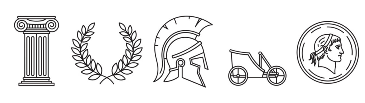 A collection of ancient symbols from classical antiquity, featuring an ionic column, a laurel wreath, a warrior helmet, a chariot, and a coin, all in a black line art style