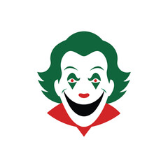 Stylized Sinister Clown Face Vector Icon. Scary Jester Head Illustration with Green Hair and Red Collar.