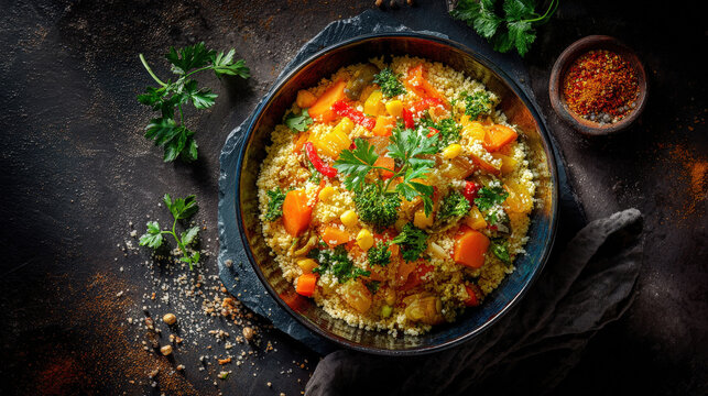 A colorful Vegetarian couscous with mixed vegetables on a plate, a vibrant culinary creation that tantalizes the senses