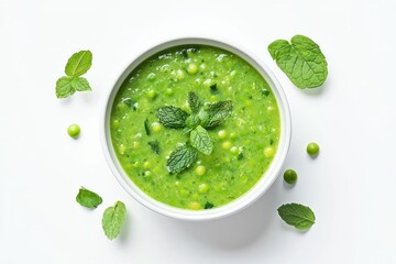 Top view of a bowl of vibrant green pea soup on a flat white background..