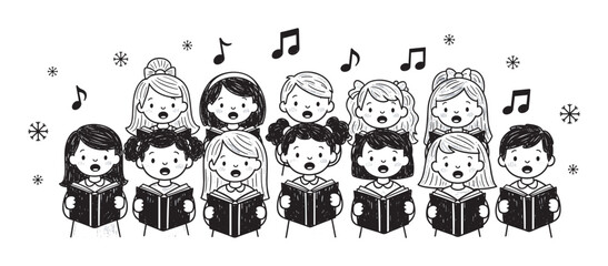A charming black and white doodle illustration of a diverse children's choir singing Christmas carols from songbooks, with musical notes and snowflakes floating around them
