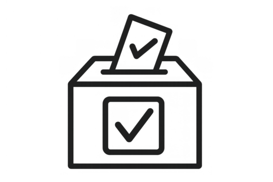 Ballot box icon with a check mark, representing voting, elections, democracy, and public choice, transparent background