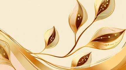 Elegant golden leaves gracefully intertwine with flowing lines on a soft pastel background, creating a harmonious and sophisticated visual composition for artistic design