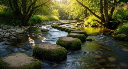 A serene, natural scene featuring a river flowing through a lush, green forest with moss-covered stones acting as stepping stones.