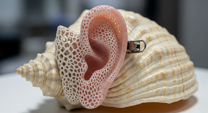 Bio-Printed Ear Model with Lattice Structure Resting on a Seashell

A macro studio photograph featuring an advanced, bio-engineered model of a human ear juxtaposed against a large, textured seashell
