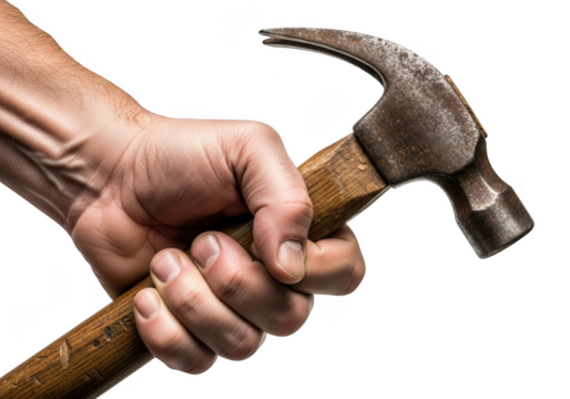 Close up of a weathered hand firmly gripping a vintage claw hammer with a wooden handle isolated on transparent background