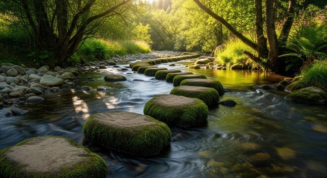 A serene, natural scene featuring a river flowing through a lush, green forest with moss-covered stones acting as stepping stones.