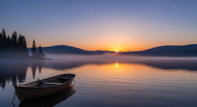 A serene lake with a wooden boat floating on the water at sunset, surrounded by mountains and trees.