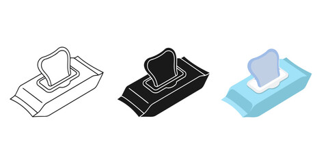 Pack of Wet Wipes Vector Set in Three Styles — Line Art, Silhouette and Color Version for Hygiene, Cleaning, and Personal Care Design Projects