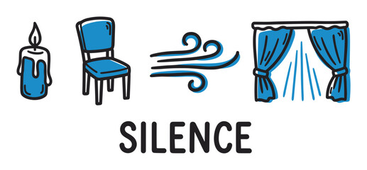 Hand-drawn doodle icons of a candle, chair, wind, and drapes arranged in a row with the text silence, creating a visual rebus or metaphor for tranquility and quiet