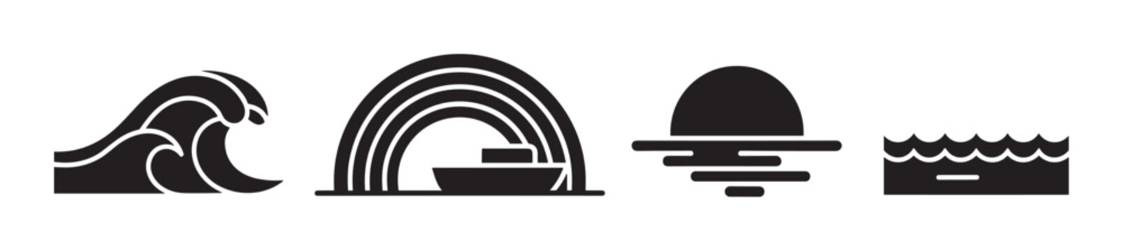 A set of four black silhouette icons depicting various water themes: a cresting ocean wave, a ship under a rainbow, a sun setting on the horizon, and a simple sea symbol