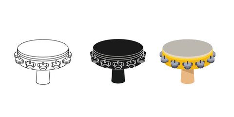 Tambourine Vector Set in Three Styles — Line Art, Silhouette and Color Version for Music, Instruments, and Performance Design Projects