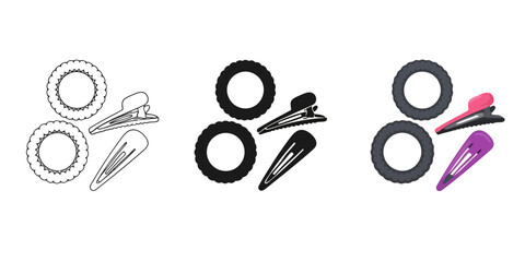 Hair Accessories Featuring Barrettes and Bobbles Vector Set in Three Styles — Line Art, Silhouette and Color Version for Fashion, Hair Styling, and Minimal Accessory Design Projects