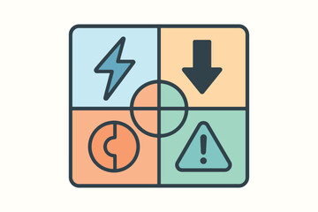 Four quadrant icon grid with symbols for electricity circle warning and down arrow