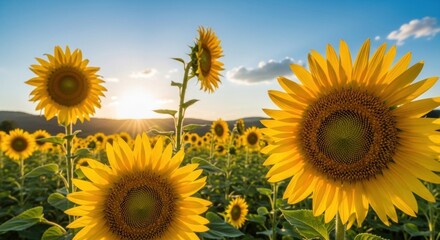 A vibrant sunflower field with a clear blue sky and scattered clouds, illuminated by the sun, creating a warm and inviting atmosphere.