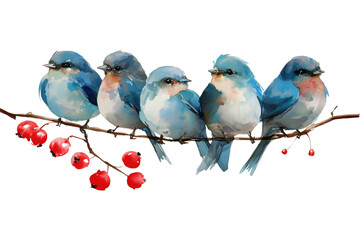 Cute Blue Birds on a Branch with Red Berries Christmas Watercolor