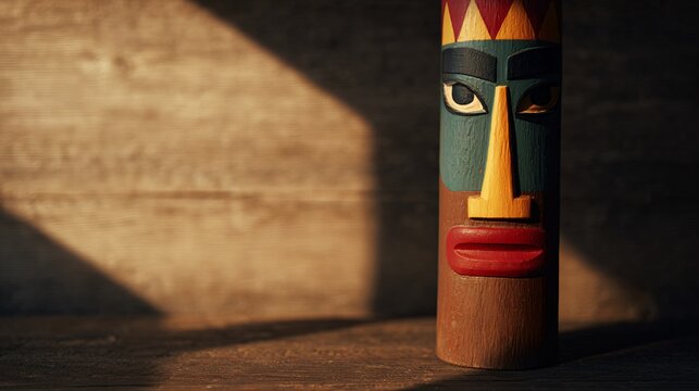 Cultural art showcase colorful wooden mask displayed in natural lighting close-up viewpoint artistic concept