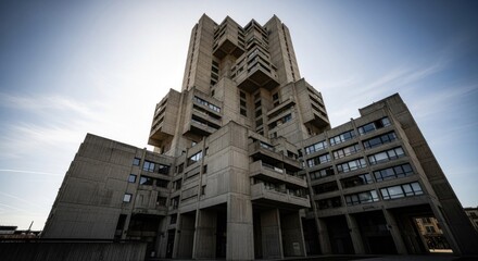The imposing, multi-story concrete tower, known as the "Barbican", rises majestically against a clear blue sky, casting a shadow on the adjacent buildings.