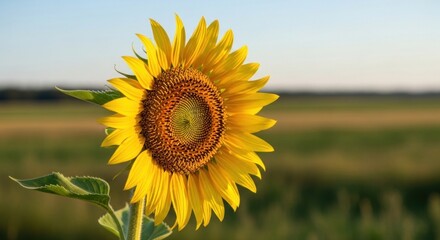 A sunflower with a blurred background, set against a clear sky.