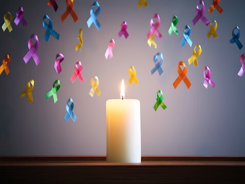 World cancer day, February 4. Colorful ribbons for supporting people living and illness. Healthcare, fighting, medical and National Cancer Survival day, Autism awareness day concept with candle.
