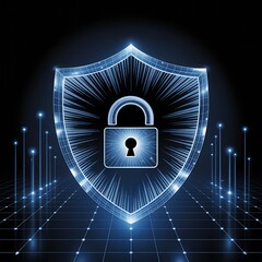Cybersecurity shield and padlock icon protecting digital network grid.