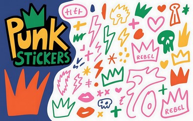 Hand drawn rebel punk stickers, crowns, skulls, lightning doodles