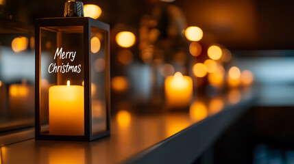 Festive holiday glow: A candle burns bright within a black lantern, radiating warmth and cheer. A warm bokeh effect, with Christmas wishes, spreads holiday spirit.