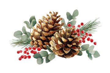 Winter Bouquet with Pine Cones and Eucalyptus Hand Drawn Watercolor