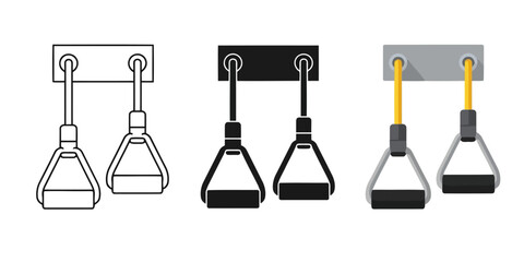 Gymnastic Rings Hanging Vector Set in Three Styles — Line Art, Silhouette and Color Version for Fitness Training, Calisthenics Workouts and Gym Equipment Projects