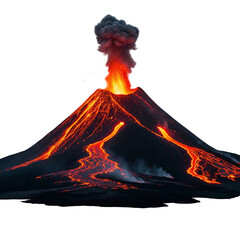 Volcano erupting with lava flowing down the side isolated on transparent background