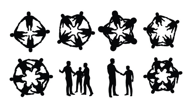 Teamwork and business interaction silhouettes isolated on white background, Vector