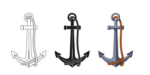 Nautical Anchor Vector Set in Three Styles — Line Art, Silhouette and Color Version with Rope Line Art for Maritime and Seafaring Themes Design Element