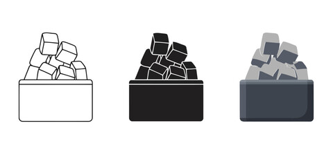 Ice Cubes Vector Set in Three Styles — Line Art, Silhouette and Color Version in Container Perfect for Summer Drinks and Food Preparation Projects