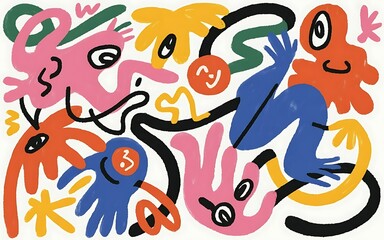 Abstract quirky doodle art with colorful organic shapes on white