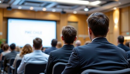 Rear view of attendees at business conference modern venue presentation scene with blur background