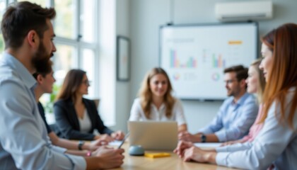 Blurry team meeting in modern office collaborative environment focus on participants and presentation