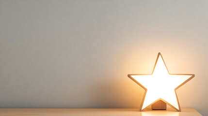 A glowing star-shaped lamp stands on a wooden surface against a neutral background. It emits a warm, inviting light, creating a cozy ambiance in the room.