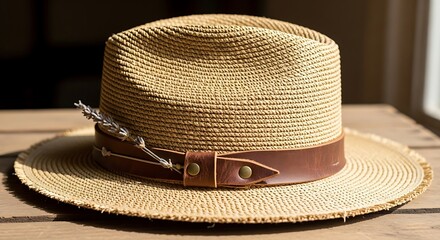 Straw Fedora Hat with Leather Band and Feather Detail.