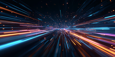 Vibrant multicolor light trails racing forward creating fast motion digital energy burst