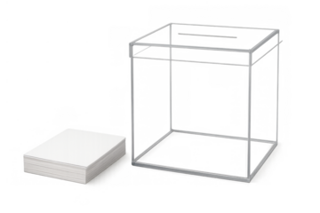 Transparent ballot box with a stack of blank ballots, symbolizing elections, democracy, citizen choice, and voting process