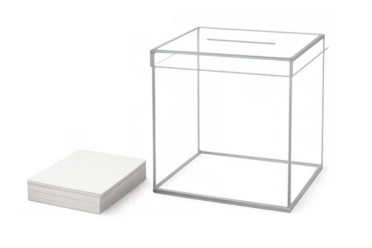Transparent ballot box with a stack of blank ballots, symbolizing elections, democracy, citizen choice, and voting process