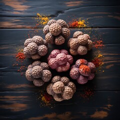 Textured spheres with vibrant spices on rustic dark wood surface