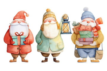 Three Santa Claus Characters with Gifts Hand Drawn Watercolor