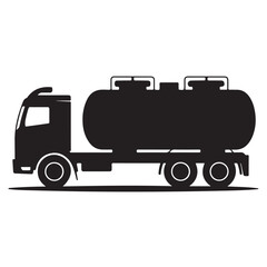 Silhouette of a tanker truck, a heavyduty vehicle designed for transporting liquids, isolated on white background