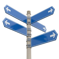 Blue directional signs pointing in different directions isolated on transparent background
