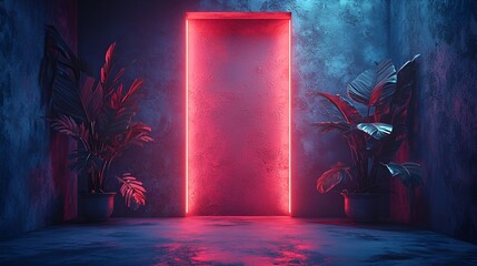 Neon glow illuminates plants in a dark room.