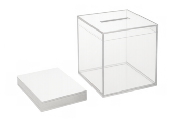 Transparent ballot box and blank voting ballots symbolizing election, democracy, choice, and public opinion